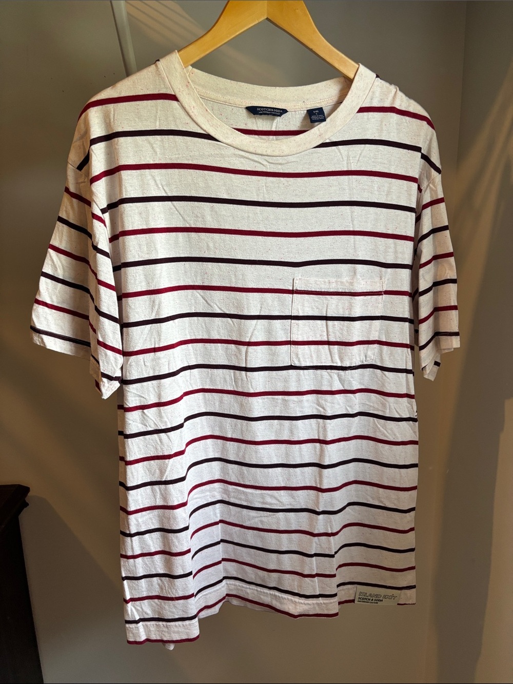 Scotch & Soda Men’s Striped T-Shirt L – Red Burgundy Cream Pocket Tee
